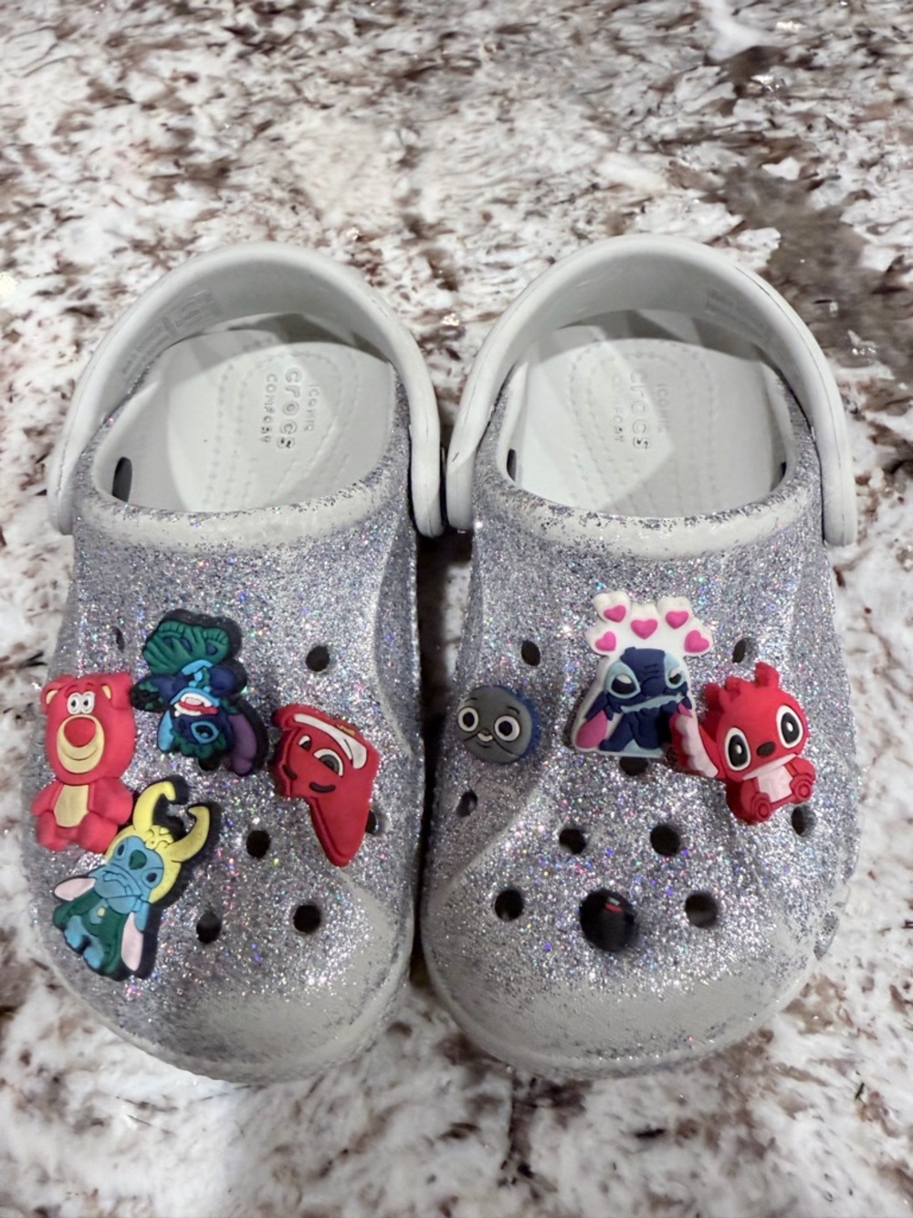 CROCS Kids Glitter Clogs with Colorful Character Charms - Silver